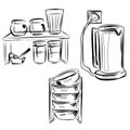 Kitchen, kettle, shelf with dishes and spices, plates. Cans of coffee and sugar. Still life with household items. Organization of