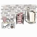 Kitchen, kettle, shelf with dishes and spices, plates. Cans of coffee and sugar. Still life with household items. Organization of