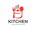 Kitchen, kitchenware, saucepan, fork and spoon logo design. Cooking eat, food and restaurant, vector design