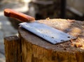 A kitchen knife-axe for chopping meat lies on a wooden block after chopping an Easter lamb in a village in Greece Royalty Free Stock Photo