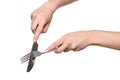 Kitchen knife and fork in the hands Royalty Free Stock Photo