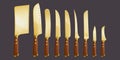 Kitchen knives, chef cutlery with golden blades