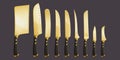 Kitchen knives, chef cutlery with golden blades