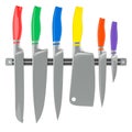 Kitchen knives with colored handles on magnetic holder, 3D rendering Royalty Free Stock Photo