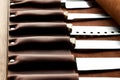Kitchen knives in a leather case Royalty Free Stock Photo