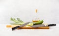 Kitchen knives are lying on a cutting board during the cooking process Royalty Free Stock Photo