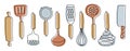 Kitchen knolling. Kitchenware sketch set. Doodle line vector utensils, tools and cutlery. Rolling pin, spatula, crush and sieve.