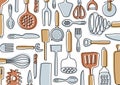 Kitchen knolling. Kitchenware sketch set. Doodle line vector utensils, tools and cutlery. Spatula, spoon, knife, sieve and