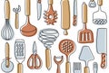 Kitchen knolling. Kitchenware sketch set. Doodle line vector utensils, tools and cutlery. Whisk, slotted spoon, scissors, rolling