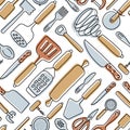 Kitchen knolling seamless pattern. Kitchenware sketch set. Doodle line vector utensils, tools and cutlery. Spatula, spoon, knife,