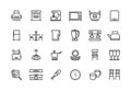 Kitchen line icons. Furniture appliances and utensils for kitchen, microwave toaster fridge blender pictograms. Vector