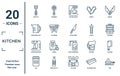 kitchen linear icon set. includes thin line spatula, measuring cup, coffee machine, jar, pan, steak knife, cleaver icons for