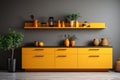 Kitchen-living room in yellow and popular gray colors. Royalty Free Stock Photo