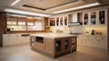 Kitchen in luxury home. Kitchen in new luxury home with quartz waterfall island. generative ai