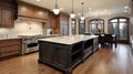 Kitchen in luxury home. Kitchen in new luxury home with quartz waterfall island. generative ai
