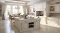 Kitchen in luxury home. Kitchen in new luxury home with quartz waterfall island. generative ai