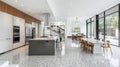 The kitchen at Luxury Rewritten showcases the versatility of Terrazzo flooring in modern design. The large open space is