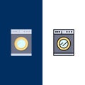 Kitchen, Machine, Washing Icons. Flat and Line Filled Icon Set Vector Blue Background