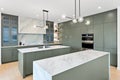 Kitchen with a marble countertop and green cabinets Royalty Free Stock Photo