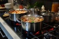 Kitchen melody Pots bubbling with cooking delights on gas stove Royalty Free Stock Photo