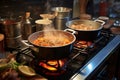 Kitchen melody Pots bubbling with cooking delights on gas stove Royalty Free Stock Photo