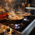 Kitchen melody Pots bubbling with cooking delights on gas stove Royalty Free Stock Photo