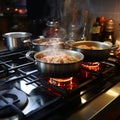 Kitchen melody Pots bubbling with cooking delights on gas stove Royalty Free Stock Photo