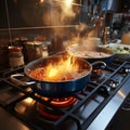 Kitchen melody Pots bubbling with cooking delights on gas stove Royalty Free Stock Photo