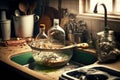 kitchen mess from clogged sink with large clear bottle and kitchen utensils around