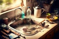 kitchen mess from clogged sink with large clear bottle and kitchen utensils around