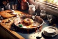 kitchen mess in clogged sink with leftover food, dirty plates and aliances with drops of coffee on table