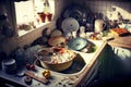 kitchen mess in corner sink due to dirty dishes and food leftovers