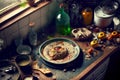 kitchen mess from dirty plates, food leftovers on table and clogged sink