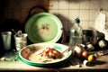 kitchen mess from dirty plates and jug of dirty wet towels on kitchen sink