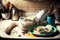 kitchen mess from dirty plates and jug of dirty wet towels on kitchen sink
