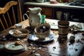 kitchen mess due to broken cups, dirty plates and food leftovers on kitchen table Royalty Free Stock Photo