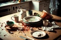 kitchen mess due to broken cups, dirty plates and food leftovers on kitchen table Royalty Free Stock Photo