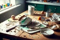 kitchen mess due to dirty cutlery and crumbs from food on table