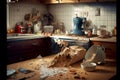 kitchen mess due to sawdust from beveled hardboard wall in small kitchen