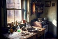 kitchen mess on table and by window in small old dirty kitchen