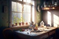 kitchen mess on table and by window in small old dirty kitchen