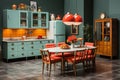 kitchen midcentury modern design, characterized by clean lines and iconic shapes, bright color from 60s and 70s