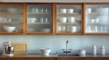 A kitchen with a midcentury modern design features frosted glass cabinet doors adding a subtle touch of elegance and