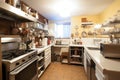 kitchen with mix of old-fashioned and modern gadgets, including coffee maker, microwave oven, and food processor Royalty Free Stock Photo