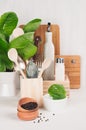 Kitchen modern decor - beige wooden utensils, brown cutting boards, green plant on soft light white wood background. Royalty Free Stock Photo