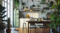 Kitchen Modern Interior with Ancient Wooden Table and Chairs. Generative AI Royalty Free Stock Photo