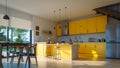 kitchen modern interiors with intense yellow kitchen furniture, 3d rendering