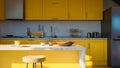 kitchen modern interiors with intense yellow kitchen furniture, 3d rendering