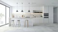The kitchen in this modern minimalist home boasts a clean and airy feel thanks to the use of white suede tiles on the