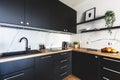 Kitchen in a modern studio apartment for rent. Interior design Royalty Free Stock Photo